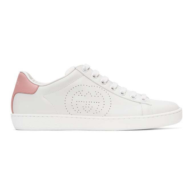 Gucci White and Pink Interlocking G Ace Sneakers