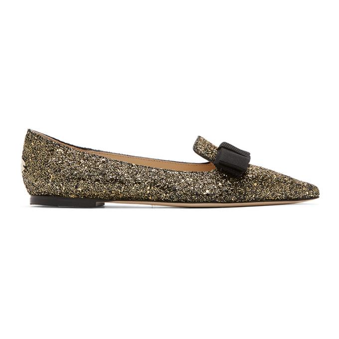Jimmy Choo Gold and Black Coarse Glitter Gala Flats