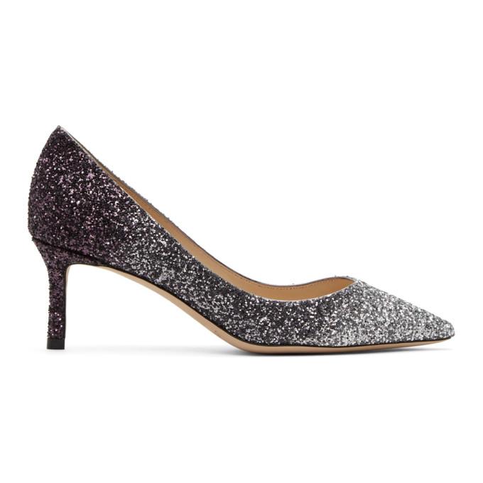Jimmy Choo Silver and Purple Coarse Glitter Romy 60 Heels