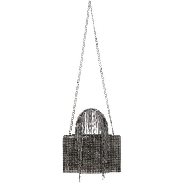 KARA Black Midi Hematite Mesh Fringe Bag