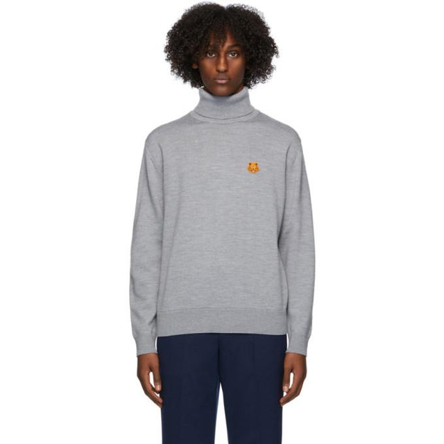 Kenzo Grey Wool Tiger Crest Turtleneck