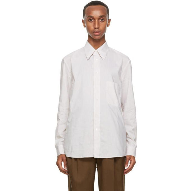 Lemaire Beige and White Silk Striped Regular Shirt