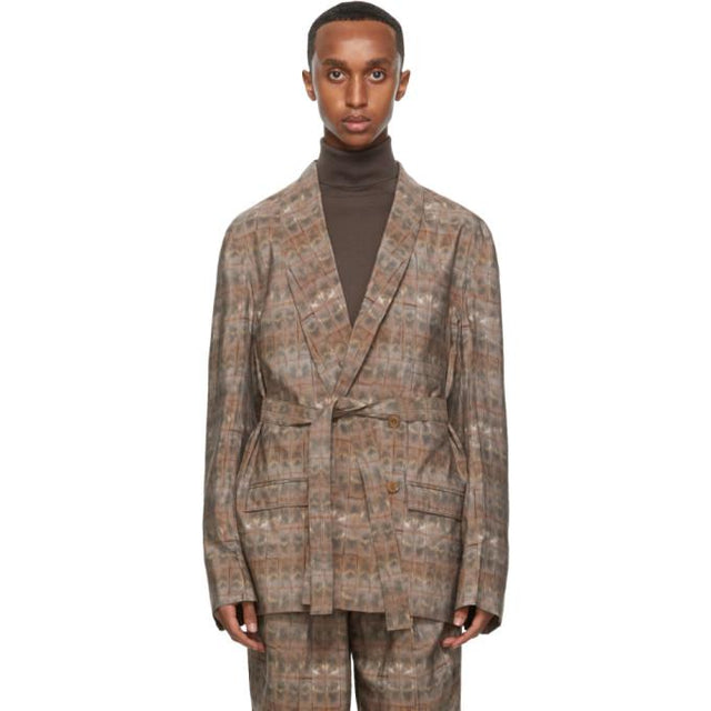 Lemaire Pink Silk Brick Print Double-Breasted Belted Blazer
