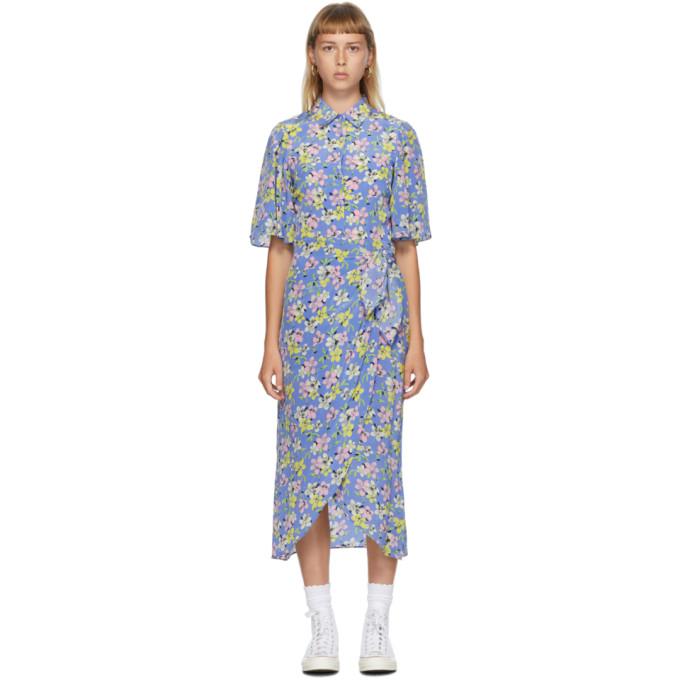 Les Reveries Blue Silk Floral Wrap Shirt Dress