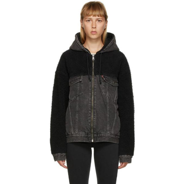 Levis Black Sherpa Hooded Hybrid Trucker Jacket