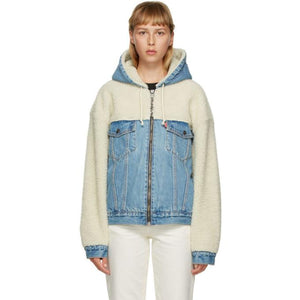 Levis Off-White and Blue Sherpa Hooded Hybrid Trucker Jacket