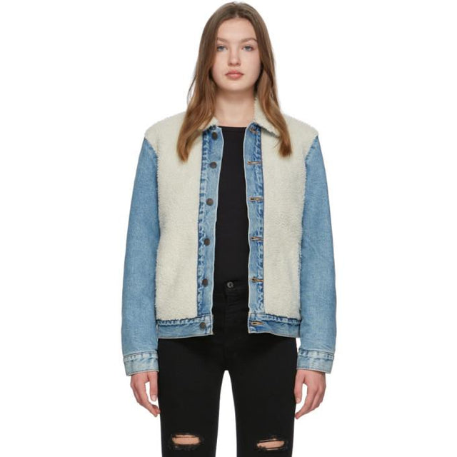 Levis Off-White and Blue Sherpa Trucker Jacket