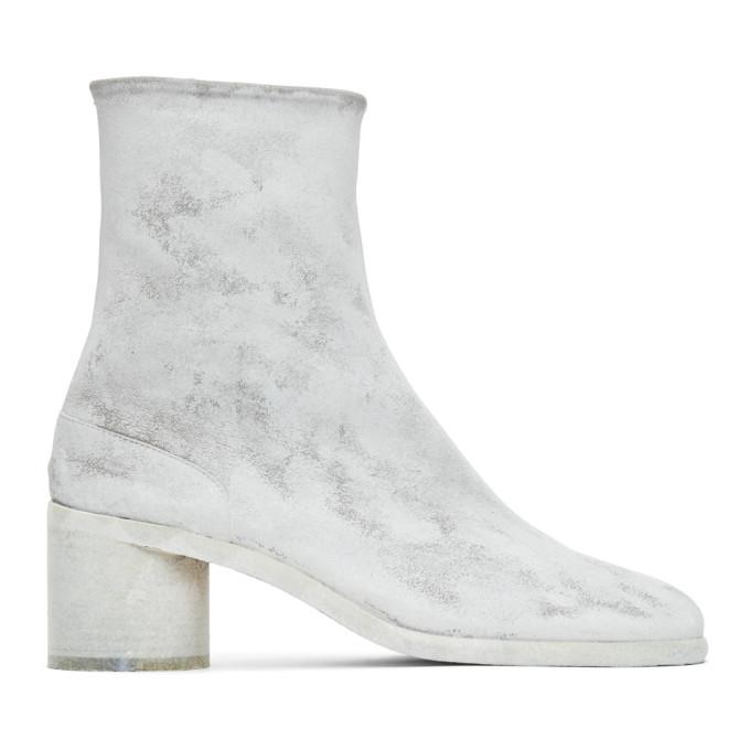 Maison Margiela Grey and White Painted Mid Heel Tabi Boots