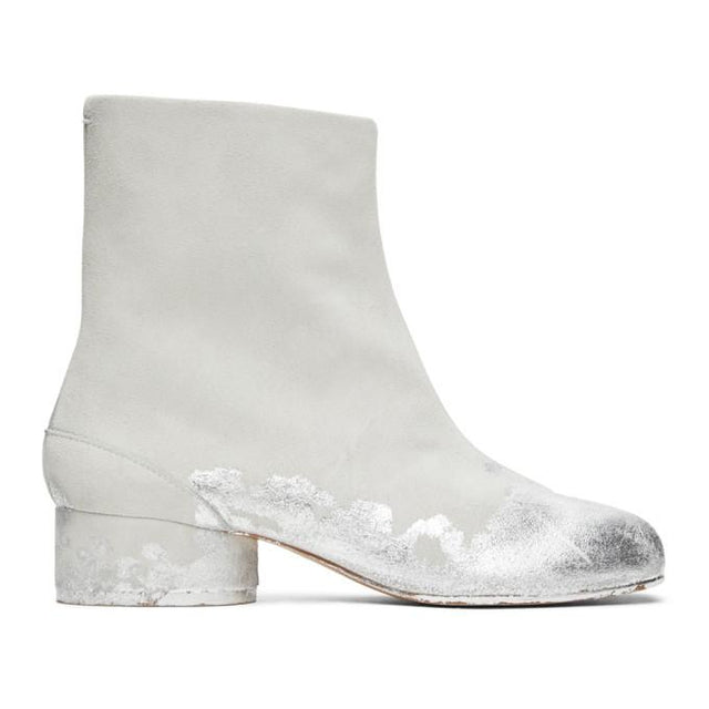Maison Margiela Off-White and Silver Suede Painted Low Heel Tabi Boots