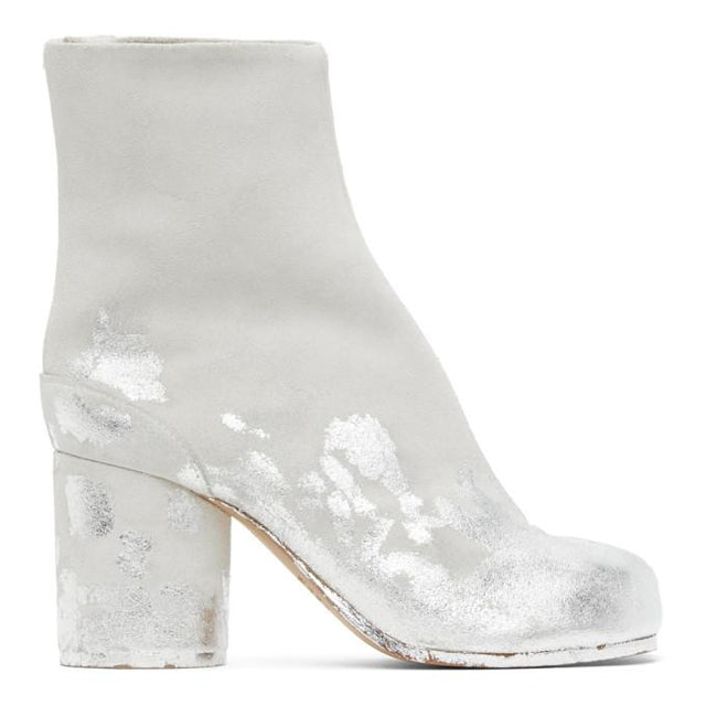 Maison Margiela Off-White and Silver Suede Painted Tabi Boots