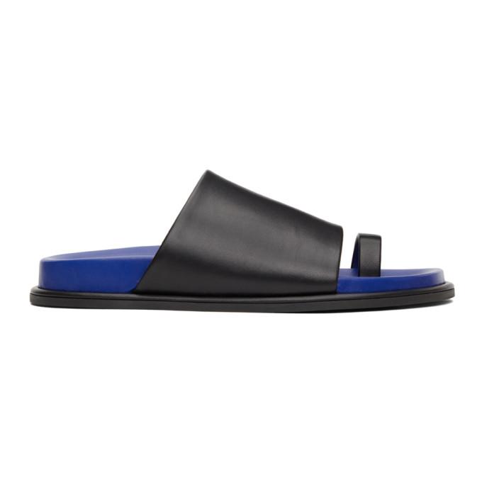 Marina Moscone Black and Blue Flat Toe Strap Sandals