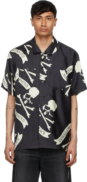 mastermind JAPAN Black Silk Skull Short Sleeve T-Shirt - T-shirt à manches courtes de crâne de soie de Soie noir Mastermind Japon - Mastermind 일본 블랙 실크 해골 반팔 티셔츠