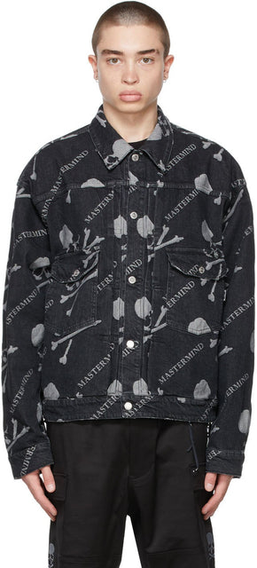 mastermind WORLD Black Denim Monogram Trucker Jacket - Mastermind World Black Denim Monogram Trucker Trucker - Mastermind 세계 검은 데님 모노그램 트럭 재킷