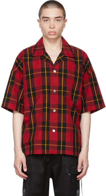 mastermind WORLD Red Block Plaid Short Sleeve Shirt - Mastermind World World Block Rouge Chemise à manches courtes à manches courtes - Mastermind 세계 빨간색 블록 격자 무늬 짧은 소매 셔츠