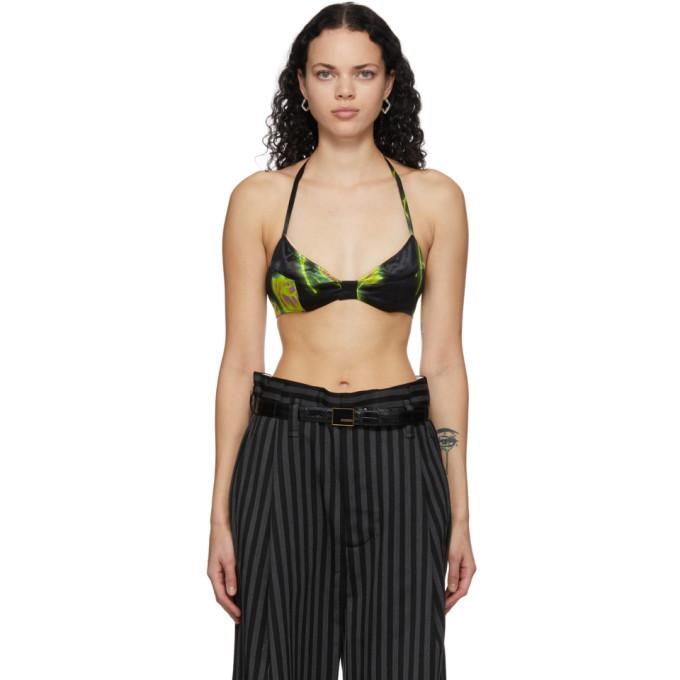 Meryll Rogge Black and Green Satin Neon Roses Bra