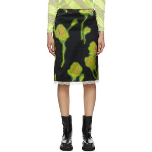 Meryll Rogge Black and Green Satin Neon Roses Skirt