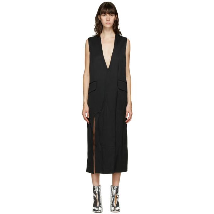 MM6 Maison Margiela Black Wrinkled Deep V-Neck Dress