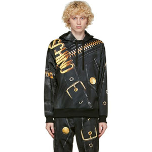 Moschino Black and Gold Leather Print Hoodie