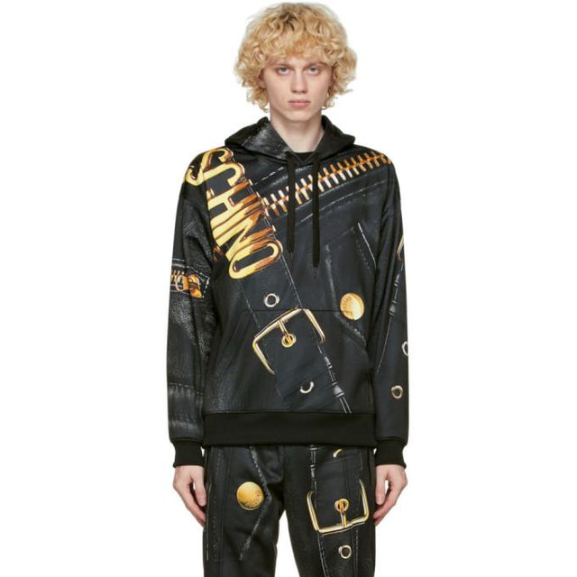 Moschino Black and Gold Leather Print Hoodie