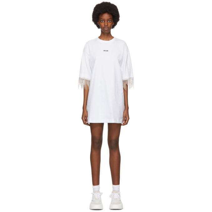 MSGM White Crystal Tassle T-Shirt Dress
