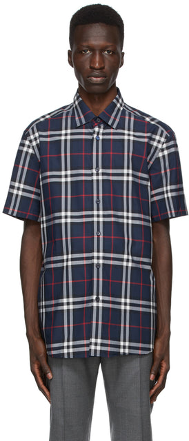 Burberry Navy Check Caxton Short Sleeve Shirt - Burberry Navy Chease Caxton Shirt à manches courtes - 버버리 해군 체크 Caxton 반소매 셔츠