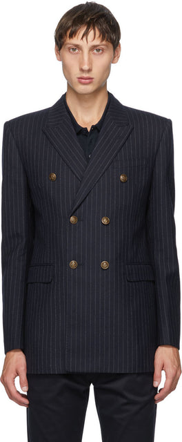 Saint Laurent Navy Pinstripe Wool Blazer - Saint Laurent Marine Pinstripe Laine Blazer - 세인트 로렌트 네이비 핀 스트라이프 양모 블레이저