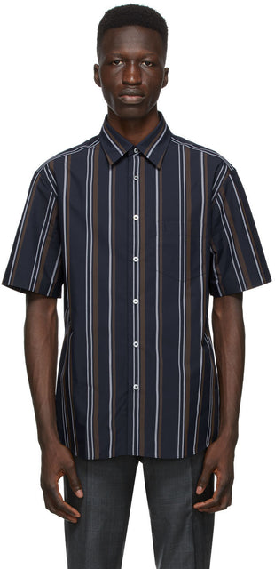 Dunhill Navy Poplin Striped Short Sleeve Shirt - Chemise à manches courtes rayées Dunhill Navy Poplin - Dunhill Navy Poplin 스트라이프 짧은 소매 셔츠