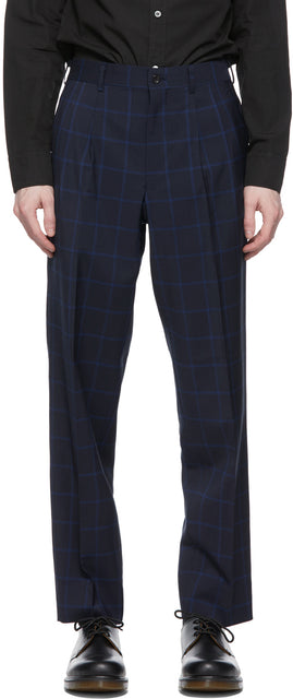 Comme des GarÃ§ons Homme Deux Navy Wool Windowpane Trousers - Pantalon de vitres de laine de laine de laine Navy Homme des garçons - comme des garÃ§ons homme deux 해군 양모 창 창 바지