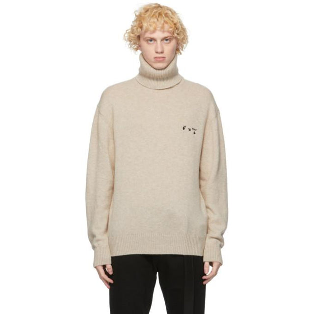Off-White Beige Cashmere Logo Turtleneck