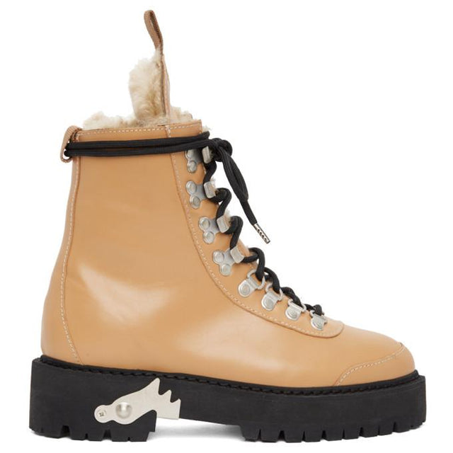 Off-White Beige Shearling and Leather Hiking Boots