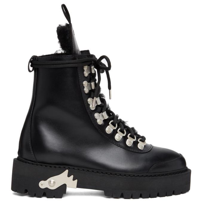 Off-White Black Shearling and Leather Hiking Boots
