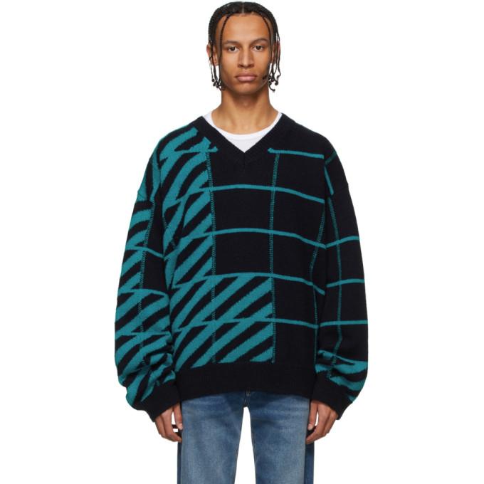 Off-White Navy and Blue Diag Panel Sweater