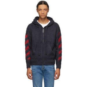 Off-White Navy Brushed Mohair Diag Zip-Up Hoodie