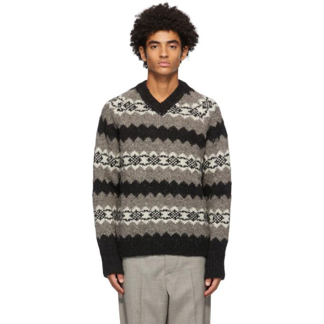Our Legacy Taupe and Black Wool Greenland Stripe V-Neck Sweater