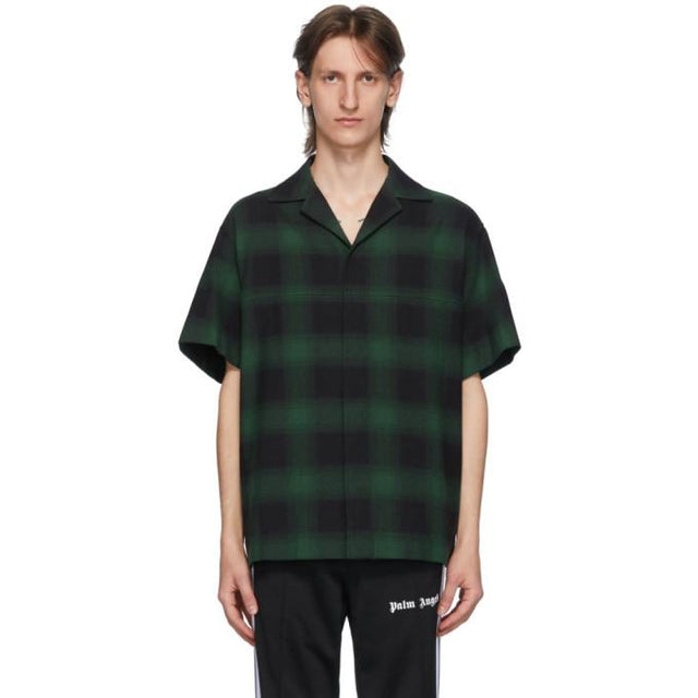 Palm Angels Green and Black Check Logo Bowling Shirt
