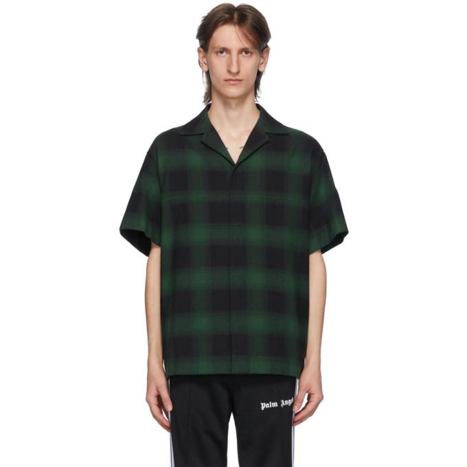 Palm Angels Green and Black Check Logo Bowling Shirt
