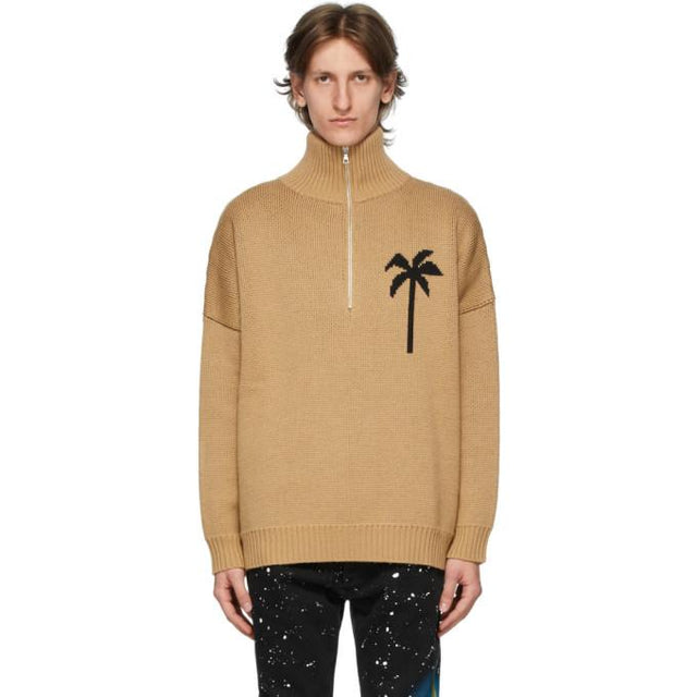 Palm Angels Tan Wool Zipped Palm Tree Turtleneck