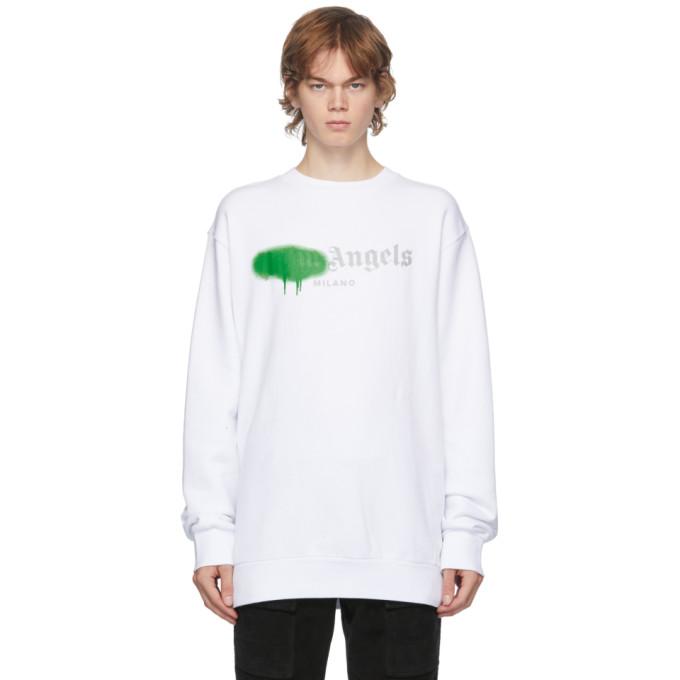 Palm Angels White and Green Milano Logo Sprayed Sweatshirt