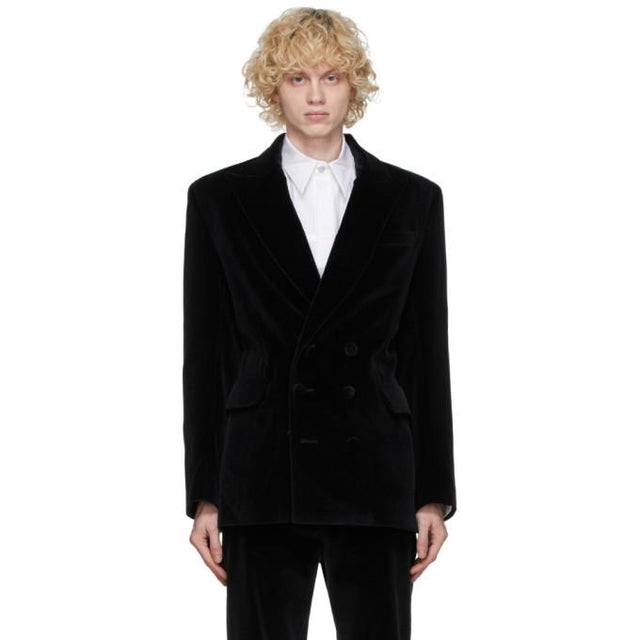 Palomo Spain Navy Velvet Double-Breasted Blazer