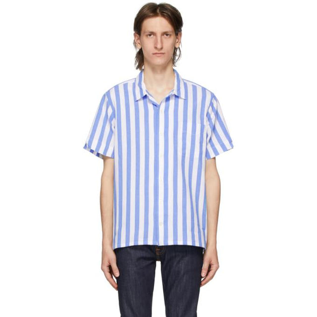Polo Ralph Lauren Blue and White Striped Poplin Short Sleeve Shirt