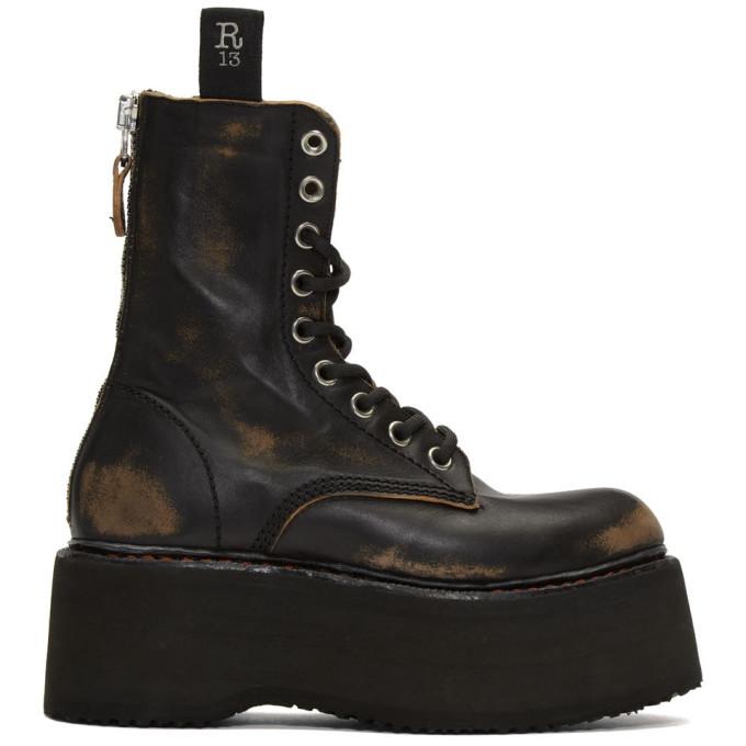 R13 Black Double Stacked Lace-Up Boots