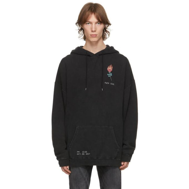 R13 Black Flaming Rose Cropped Hoodie