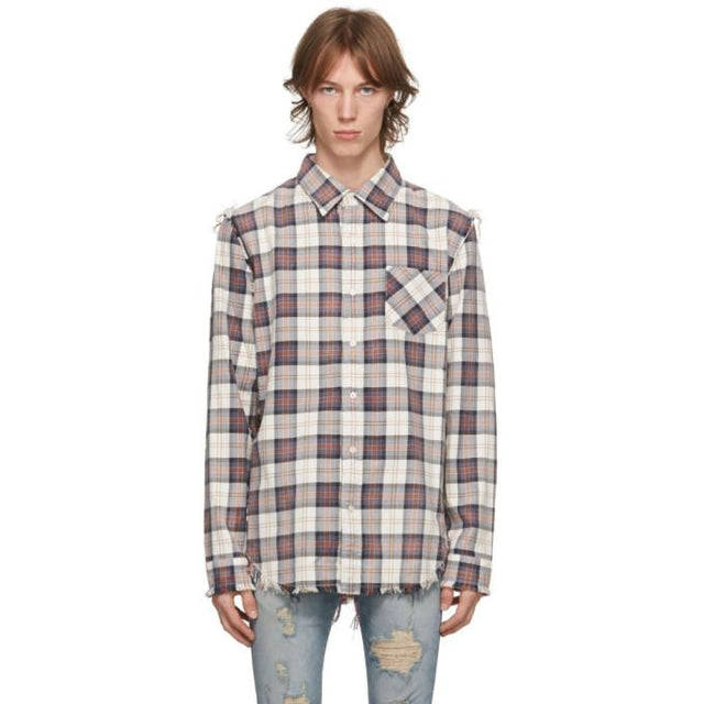 R13 Off-White and Purple Shredded Seam Shirt