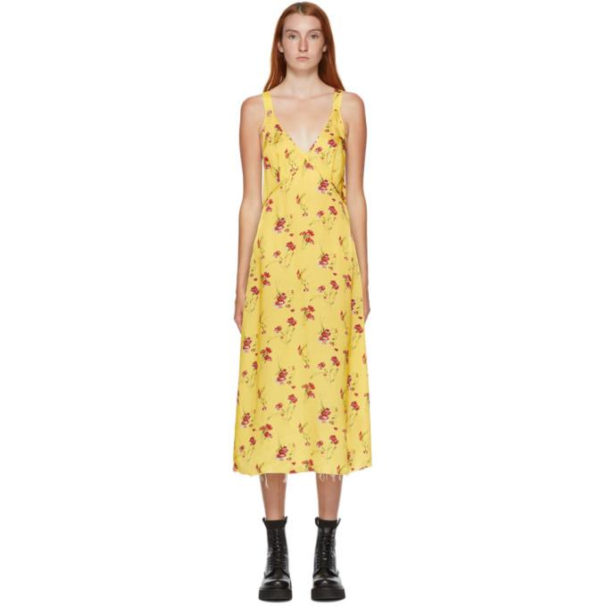 R13 Yellow Floral Long Side Stripe Slip Dress