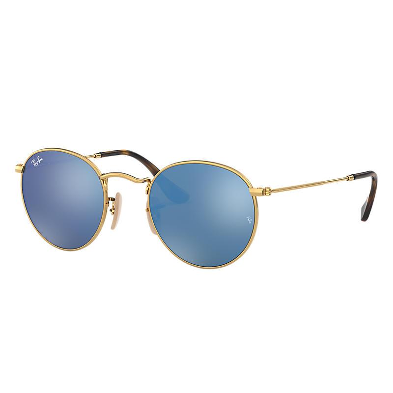 Ray-Ban Round Flat Lenses Gold, Blue Lenses - RB3447N-BlackSkinny