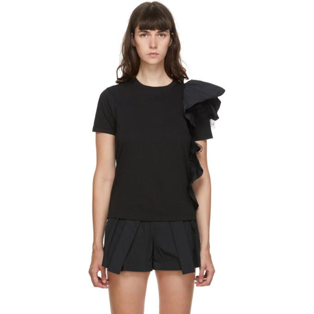 RED Valentino Black Taffeta Ruffle T-Shirt