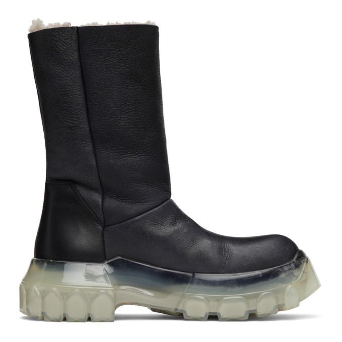 Rick Owens Black Shearling Mega Bozo Tractor Chelsea Boots