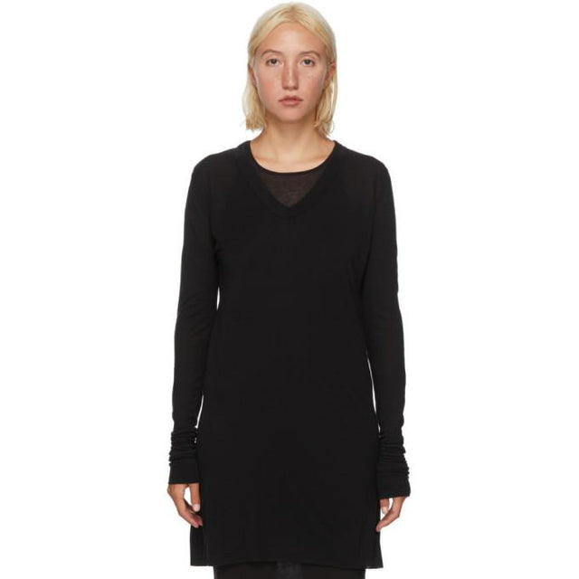 Rick Owens Black Silk V-Neck Long Sleeve T-Shirt