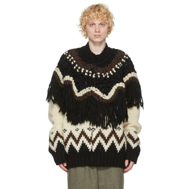 Sacai Beige and Black Nordic Knit Zip-Up Sweater