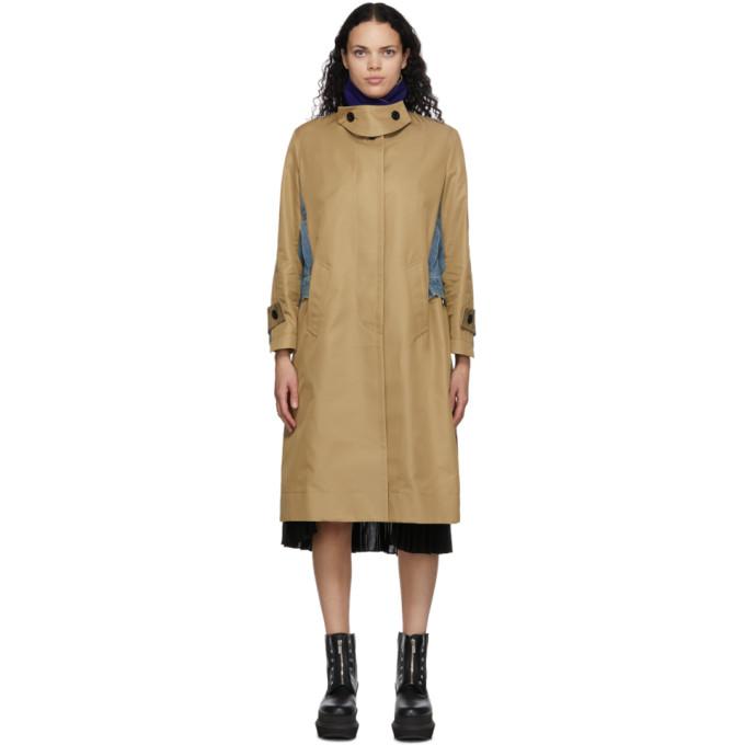 Sacai Beige Gabardine and Denim Trench Coat